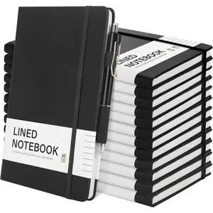 12 Set Lined Notebook Journals with Pens A5 Notebooks 100 GSM College Ruled Hardcover Notebook PU Leather Notepad with Pen Holder for Office School, 5.7 x 8.3 Inches, Black