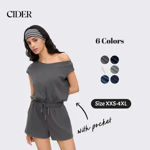 Cider Short Romper – Athleisure Sporty Chic Women's Daily Casual Lounge Travel Jumpsuit, Asymmetrical Neck Drawstring Waist Waffle Textured Elastic Fabric for Summer