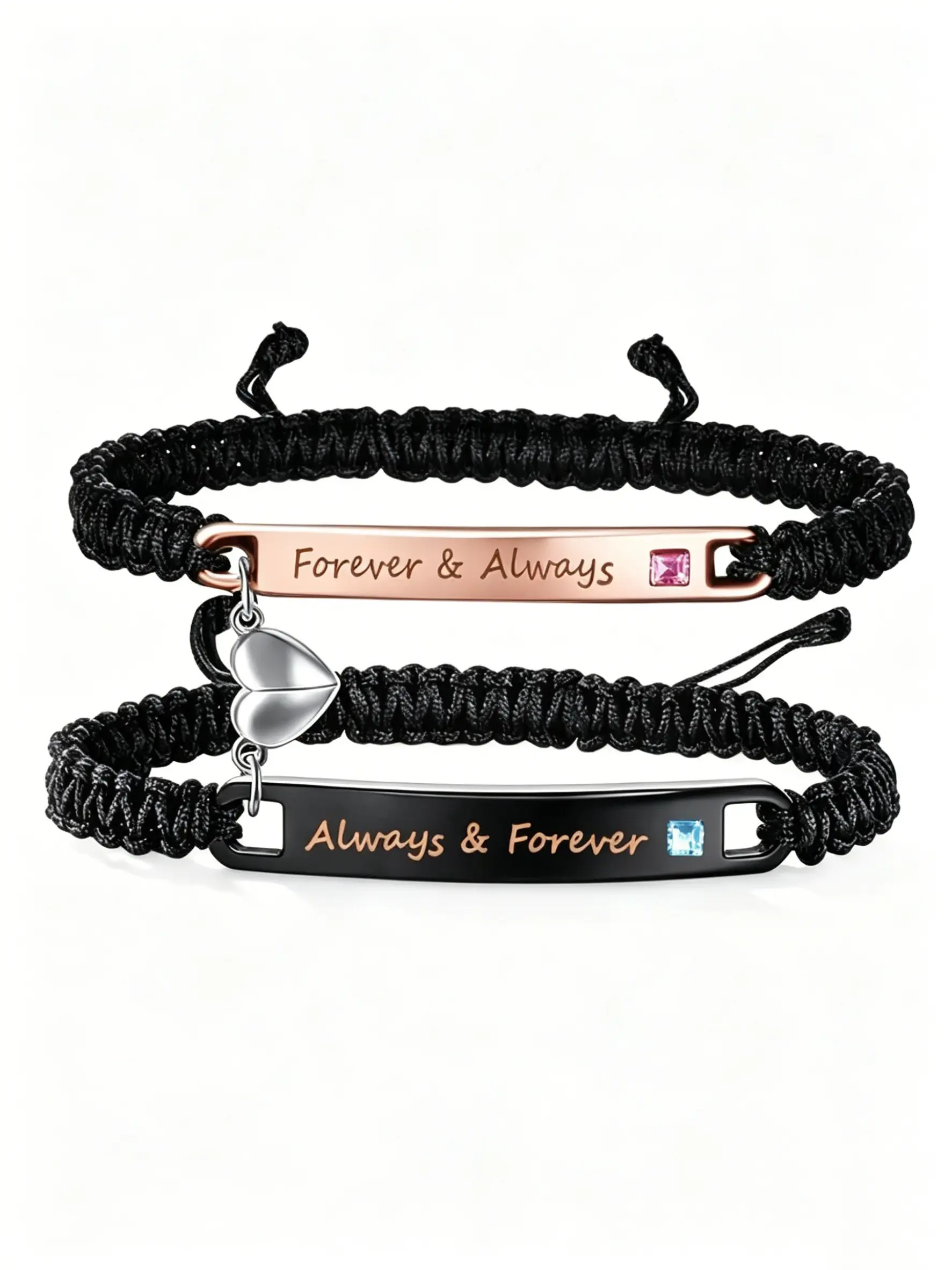 Magnetic Couple Bracelet Set, Matching Heart Bracelets, Heart Charm Bracelet, Matching Forever & Always Design, Adjustable Braided Rope, Heart Magnet That Clicks Together, Comfortable & Durable, Unisex, Ideal for Daily Wear