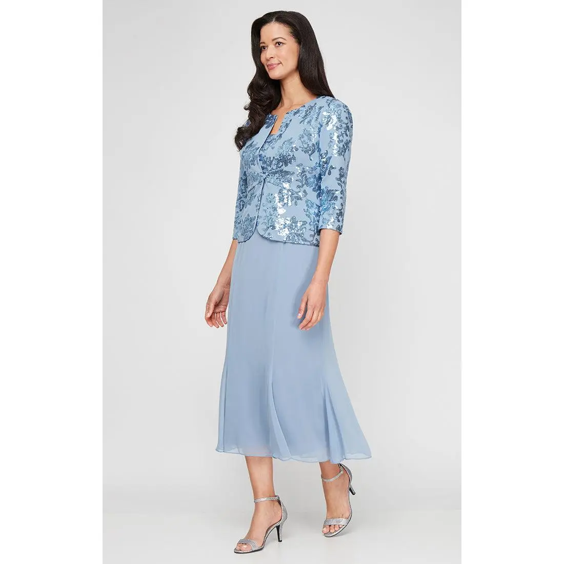 Petite Tea Length Stretch Crepe Sequin Mock Jacket Dress with Square Neckline, Chiffon Skirt and Center Front Button Closure