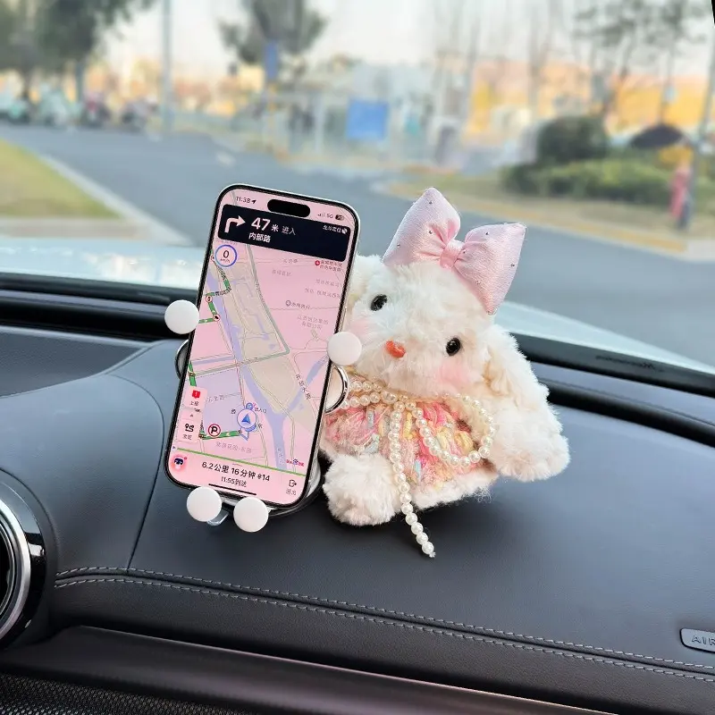 Cute Bunny Plush Car Phone Holder, Funny Universal Dashboard Suction Phone Mount, Car Navigation Bracket, Stylish Center Console Decor, Practical Car Interior Accessories Gift for Women
