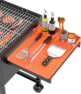 Silicone Grill Mat, Large Size Silicone Side Shelf Griddle Tools Spatula Mat with Drip Pad for Outdoor Grill Kitchen Countertop, Reusable Black-stone Griddle Accessories, Orange