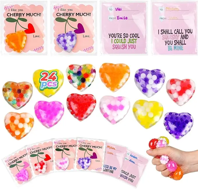 24 PCS Lovely Squishy Gift Toys for Besties, Kids & Adults – Stress Relief Squishies Hearts, Valentine Classroom Exchange Party Favors, Cute Fidget Stress Balls Gift Set