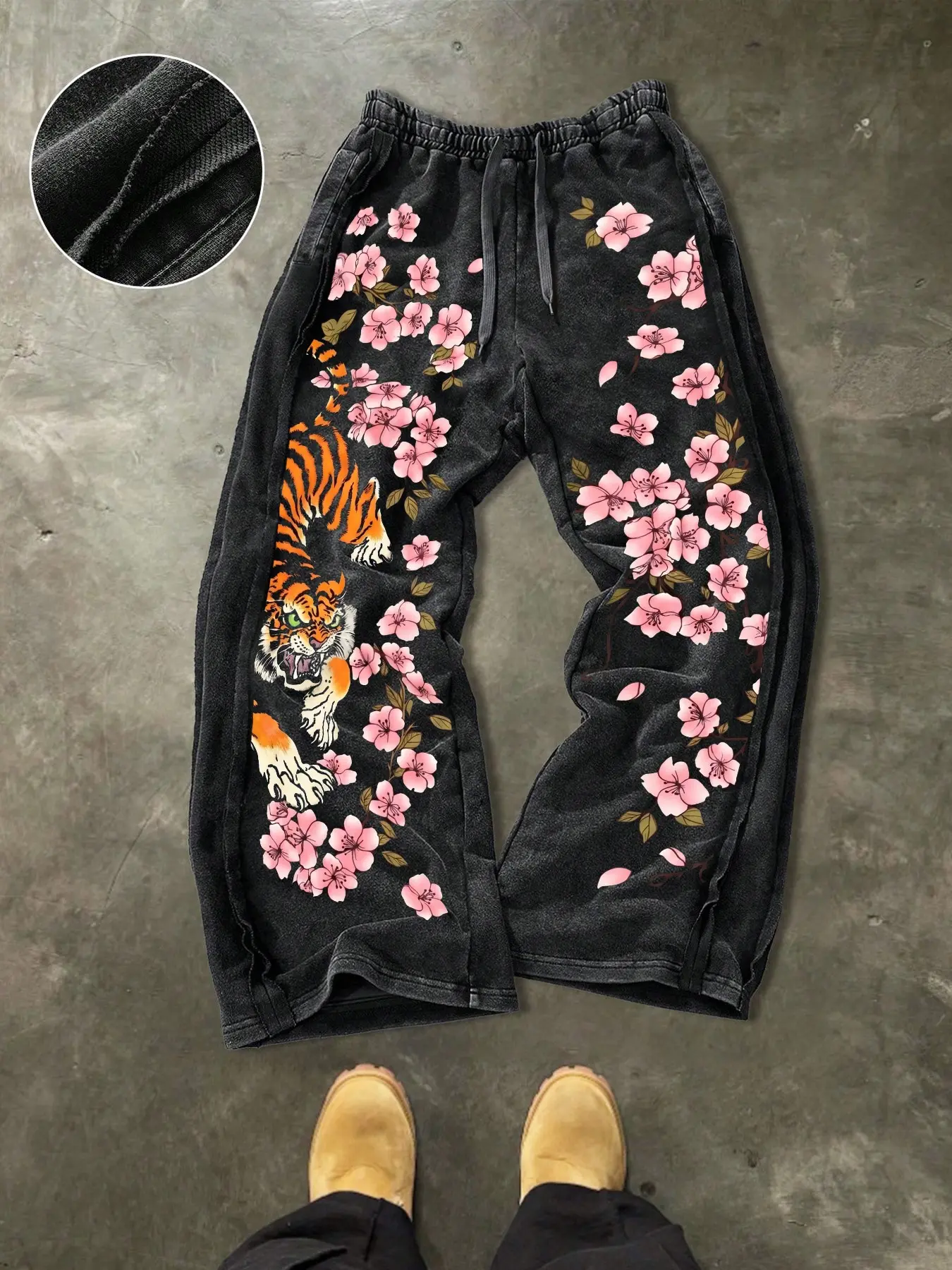 Men's Casual Loose Cotton Sports Pants, Tiger Floral Print, Street Style, Drawstring Waist, Long/regular Length, Ideal for Outdoor & Holidays, Casual Comfy Trouser, Street Trousers