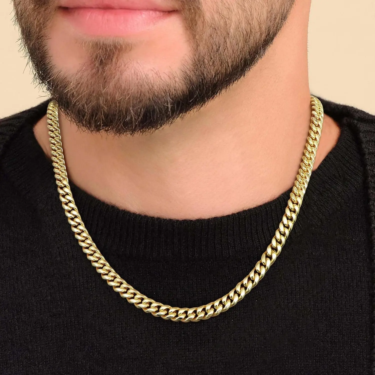 MILACOLATO 14 Karat Plated Cuban Link Necklace for Men, Stainless Steel Miami Curb Chain, 5/8mm Thick, Diamond Cut, Non-Tarnish Jewelry, 18-26in with Gift Box (Gold/Silver/Black) - Men's Accessories, Accessories Adults, Father’s Day Gift, Necklaces