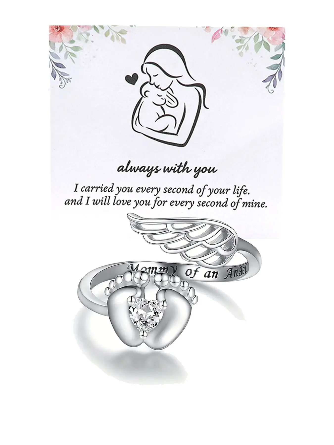 "Angel Mom" Ring — Angel Wings and Baby Footprints Ring | Silver Heart-Shaped Zircon Jewelry | An Exquisite Gift for Mom | Mother's Day Gift | Love-Themed Jewelry | Maternal Love | Maternal Love and Remembrance