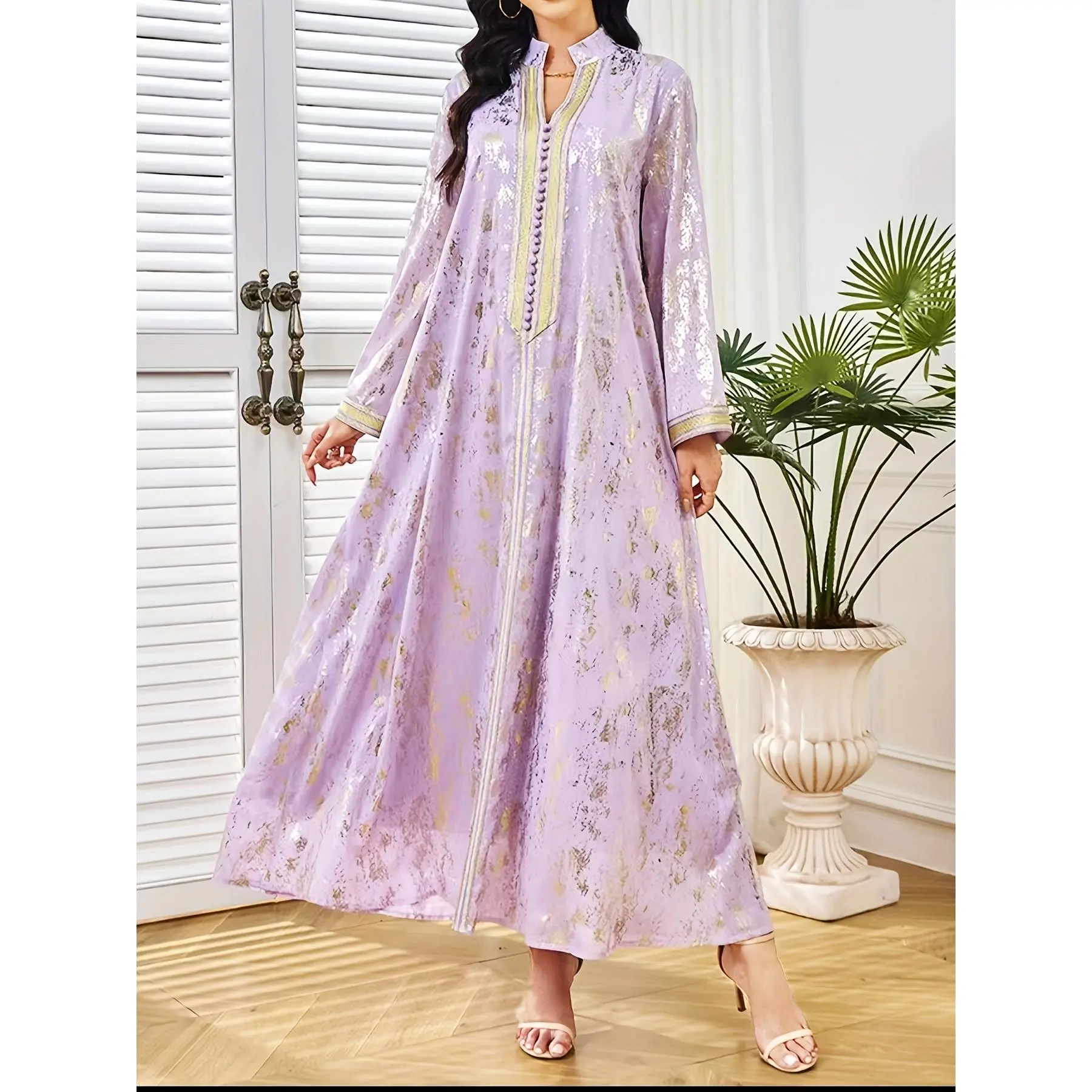 Women's Traditional Lavender & Golden Striped Polyester Abaya Kaftan Dress - Long Sleeve, Elegant Exaggerated Lace Detailing, Floor-Length Modest Robe, Lightweight, Hand Wash Only, Muslim Modest Fashion, All Seasons Casual Loose Wear