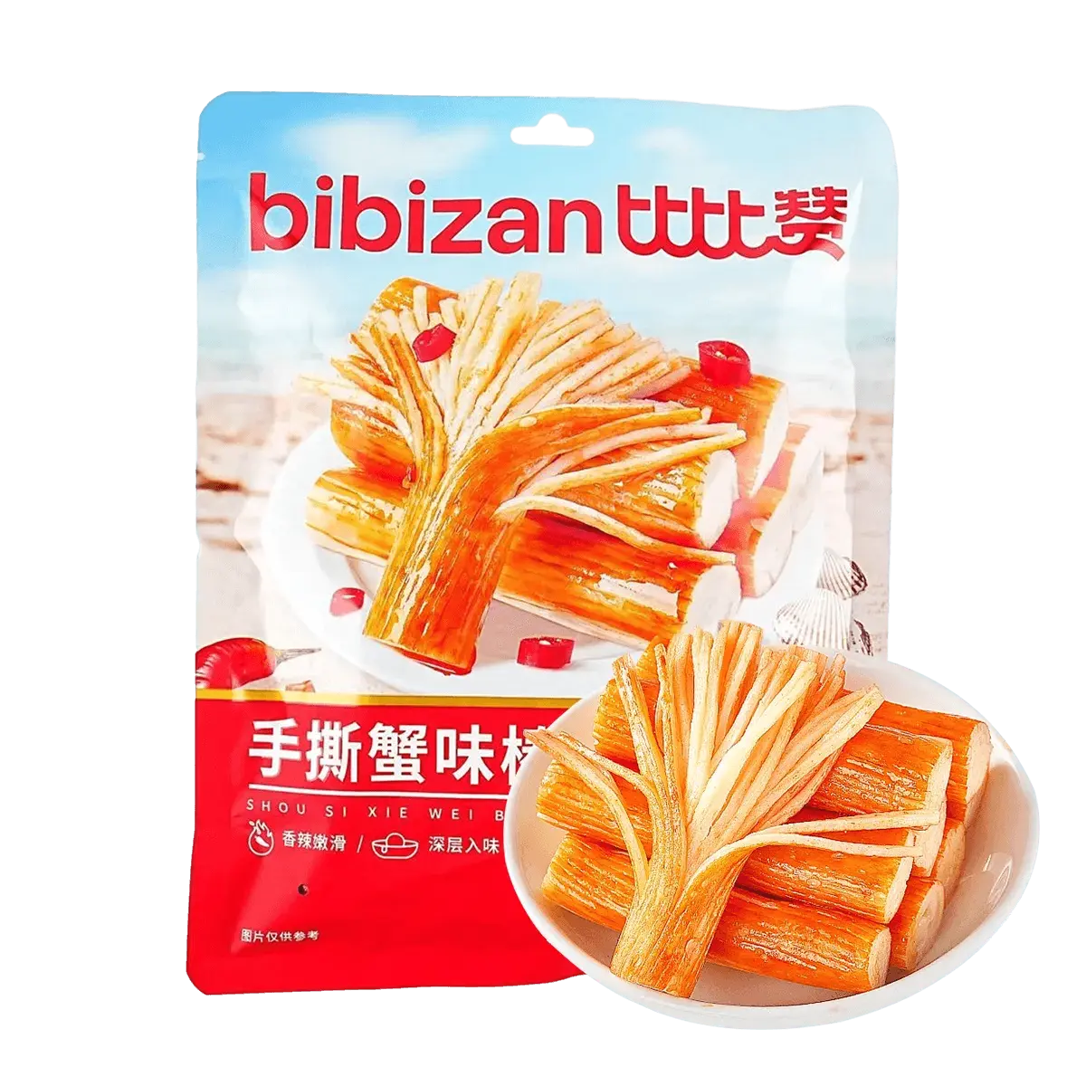 BiBiZan Spicy Crab Sticks 140g | Ready-to-Eat Seafood Snack | Hand-Pulled Imitation Crab Flavor