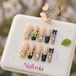 Nailuvia｜10PCS 100% Handmade Press-On Nails｜D037 1.3 Inch｜Reusable Colorful Art Acrylic Stylish｜Black Gold French Bow Rhinestone