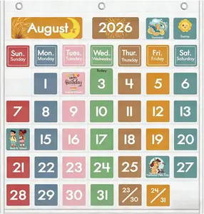 【Yoink】46 Pockets Classroom Calendar Pocket Chart with 77 Cards Daily Monthly Learning for Circle Time Weather Seasons Preschool Kindergarten Homeschool Must Have Teacher Essential Supplies White 25" x 25" Space Saving Design things planner