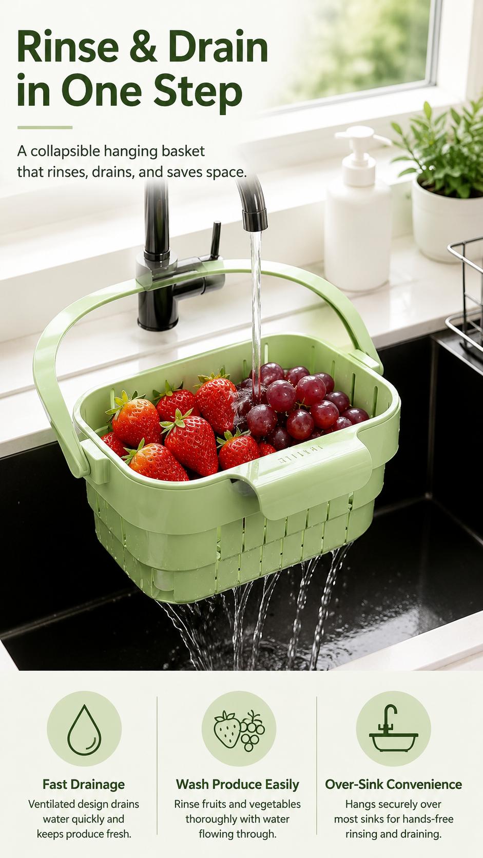 Collapsible Hanging Drain Basket - Expandable Foldable Space Saving Kitchen Sink Organizer for Dishes and Produce