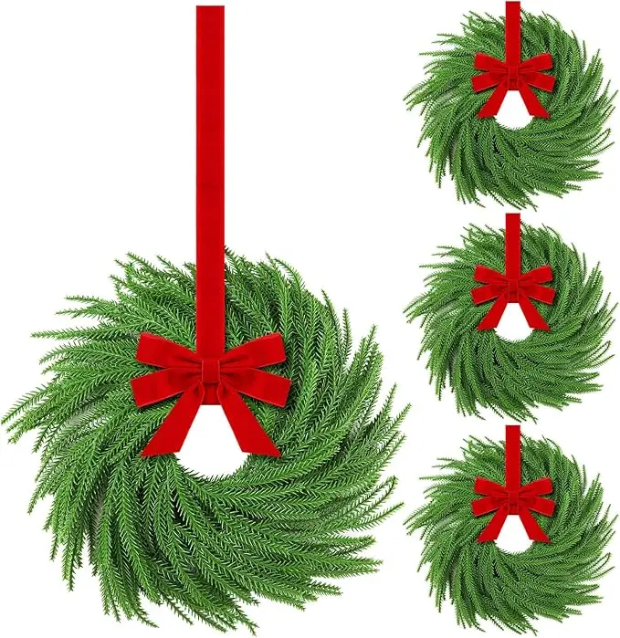Mini Christmas Wreath for Cabinet Kitchen Windows Decors Bulk with Red Bow Small Artificial Norfolk Farmhouse Wreaths with Berry Pine Cone for Fireplace Front Door Porch Wall Hanging
