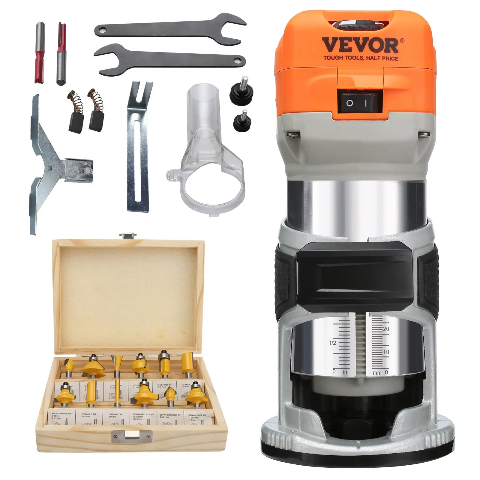 【Summerfinds】VEVOR Compact Aluminum Body Wood Router Power Tool, 1.25HP 800W 30000RPM Motor, 6 Variable Speeds, 1/4'' & 5/16'' Collets, 12 PCs Milling Cutters, Dust Cover, Secure Base Lock, Hex Socket Lock, for Soft/Hard Wood Cutting, Slotting