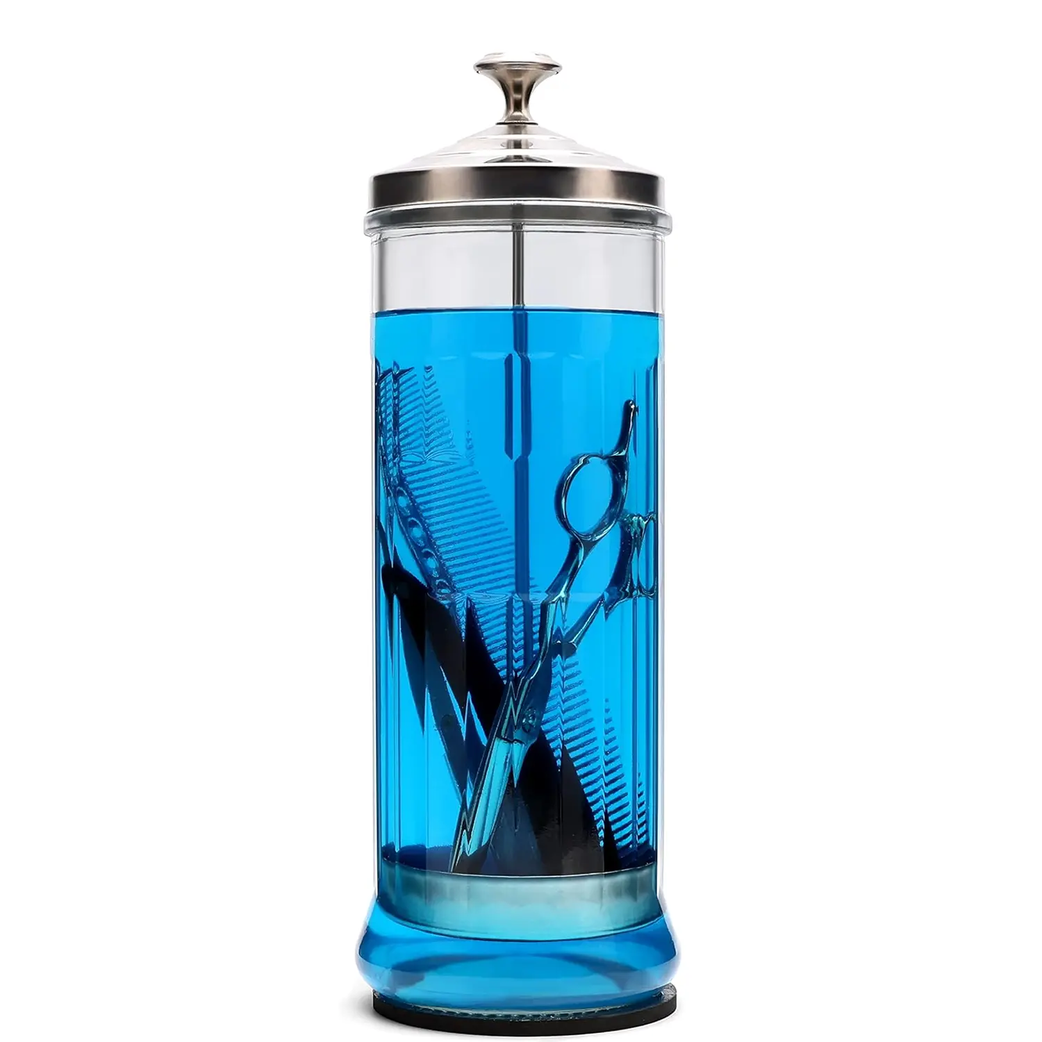 Glass Disinfectant Jar for Salon & Barber Tools, 50 oz Large Sanitizing Canister with Stainless Steel Cover and Retrieval Basket, 11.7" x 3.8", Pad, Nail Care Pedicure Tool, Esthetician, Anti-Slip Grip