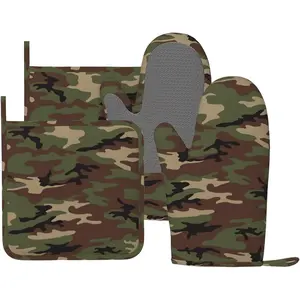 Camouflage Oven Mitts and Pot Holders Set of 4  Camo Kitchen Mitten Gloves and Non-Slip Potholders Set Heat Resistant Oven Gloves Hot Holders for Kitchen