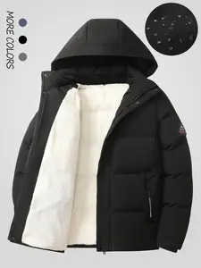 Men's Solid Color Patched Zip Up Hooded Winter Coat, Regular Fit Casual Long Sleeve Waterproof Warm Jacket for Winter, Men's Clothes for Daily Wear, Casual Jackets