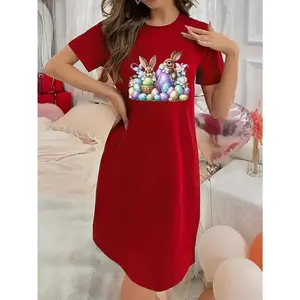 Soft Micro Stretch Women's Lingerie Bunny and Easter Eggs Printed Short Sleeve Round Neck Nightgown Sexy Elegant Young Style Women's Valentine's Day Dress Mother's Day Christmas Thanksgiving New Year Gift Ideas