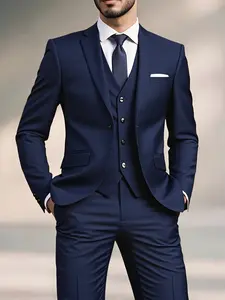 Men's 3pcs Slim Fit Tuxedo Set - Black Wedding Suit with White Long Sleeve Shirt & Pants, Collar Tailored Business Formal Attire, Complete 3pcs Outfit for Groom, Prom, Office Meetings & Events (No-Stretch Durable Fabric)