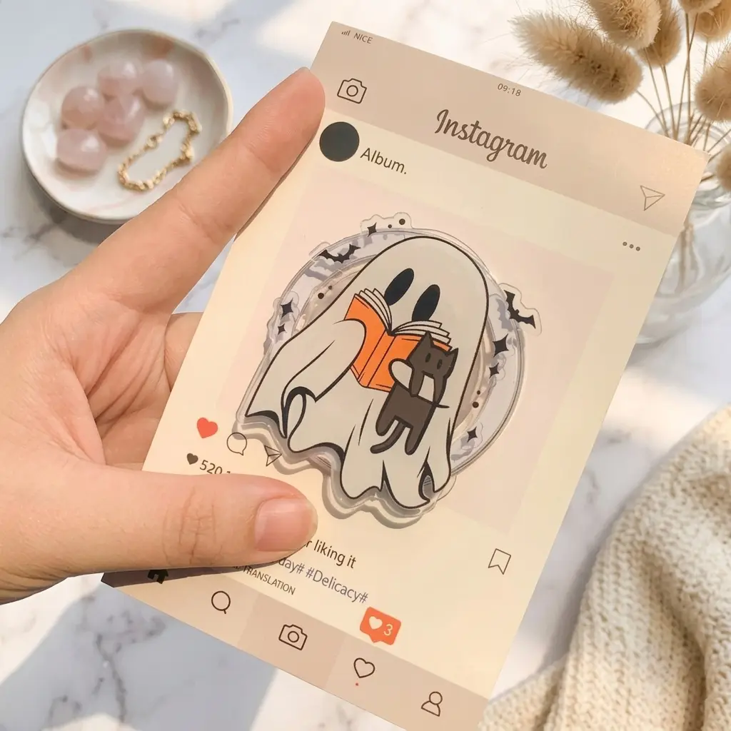 Ghost & Cat MagSafe Grip, Bookish Phone Holder, Spooky Cute PopSocket for Readers, Halloween Kitten Kindle Magnetic Stand Gift