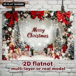 A Two-Dimensional Festive Banner for Christmas Featuring a Polyester Backdrop with Snowy Scenery, Adorned with a Red Christmas Hat And Holiday Decorations. Ideal for Homes, Rooms, Or Walls, It Serves As a Perfect