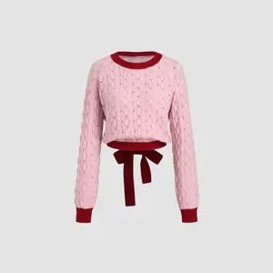 Women's Cider Wool-Blend Knit Top, Size 2-10, Round Neckline, Contrasting Binding, Knotted Hollow Out, Button Detail, Long Sleeves