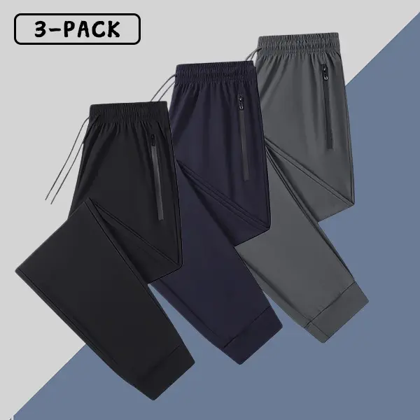 Men’s Summer 3-Pack Jogger Pants – Ice silk breathable fabric, zippered pocket design, street-style joggers suitable for running and everyday wear, Athleisure Fitness Pants, Breathable Sports Trousers, Effortless Men's Pants