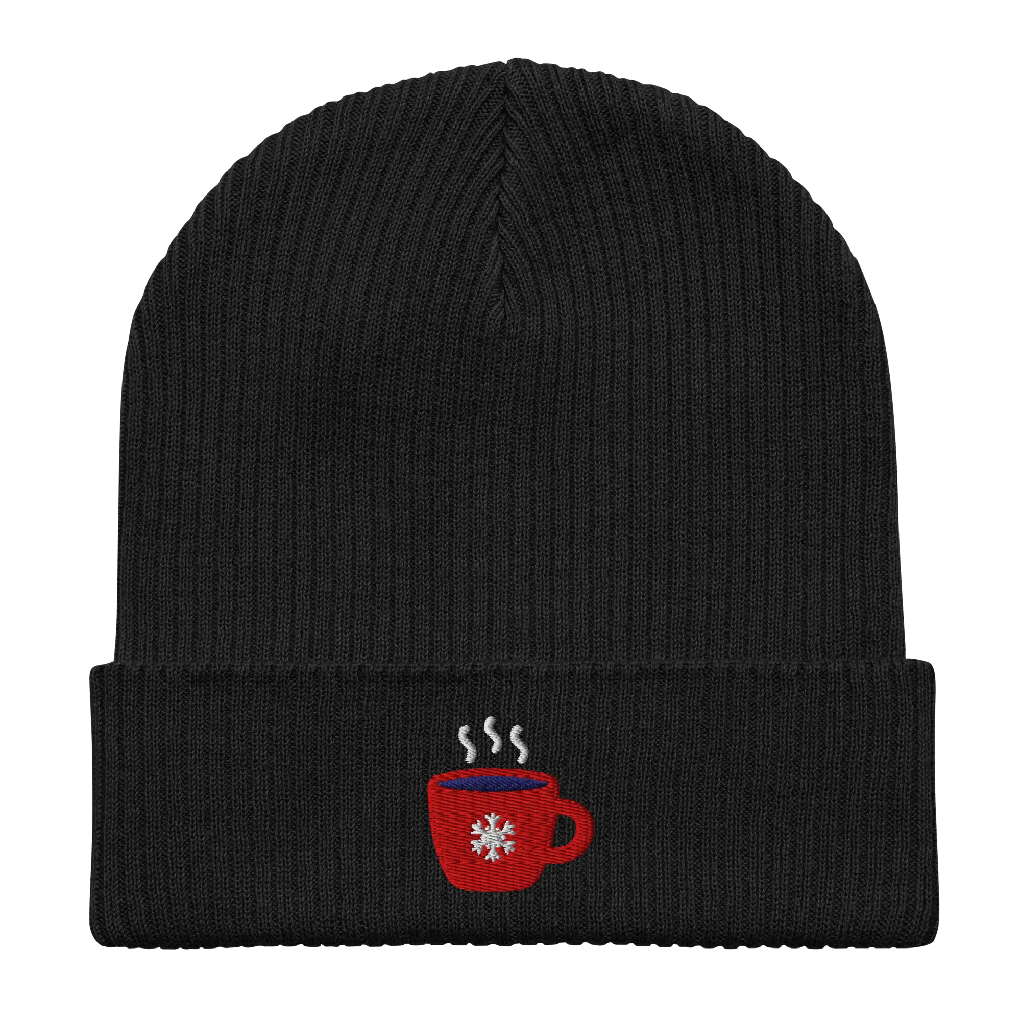 Organic Cotton Beanie | Embroidered Winter Coffee Mug Hat | Cozy Holiday Gift