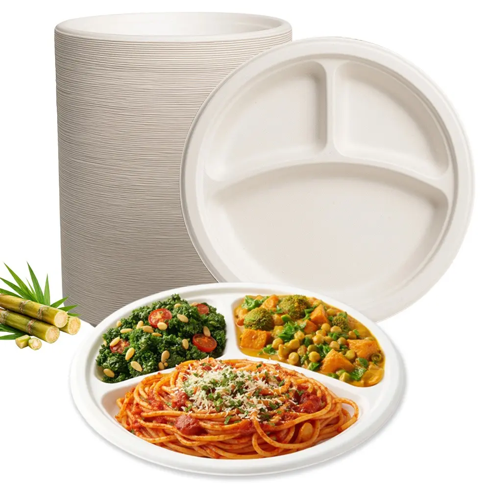 FPN Sturdy 3-Compartment Compostable Plates - Sugarcane Fiber, Biodegradable, Microwave Safe for Parties, Weddings