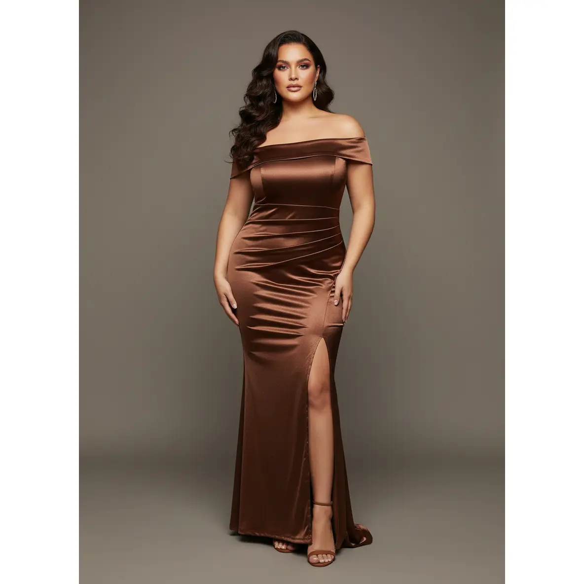 The Gardenia Stretch Satin Bridesmaid Dress Chocolate Asymmetrical Neckline Mermaid Silhouette Breathable Polyester Cotton Blend Elegant Summer Dress Womenswear Soft Maxi Minimalist Fit