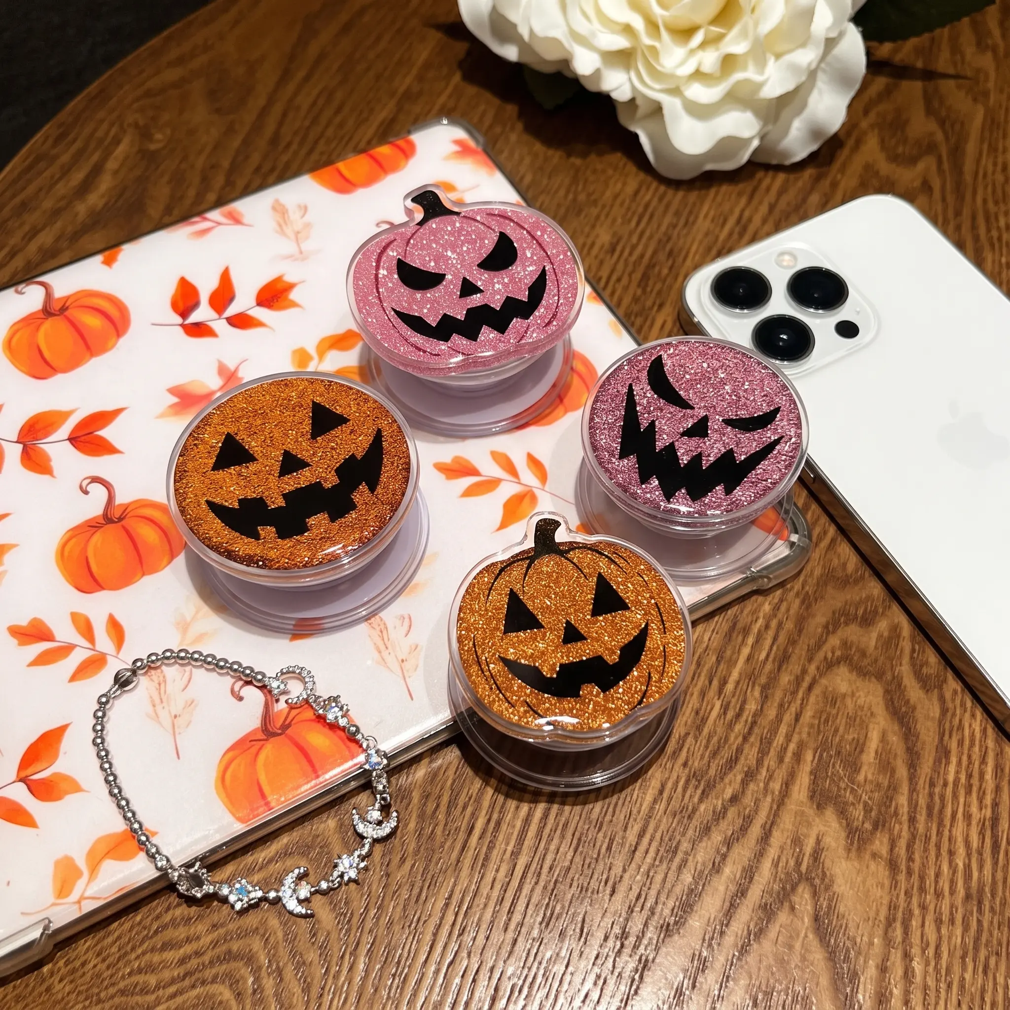 Glitter Jack O Lantern Magnetic Phone Grip & Stand, Pink Orange Pumpkin Kindle Grip, Sparkly Halloween Phone Accessory