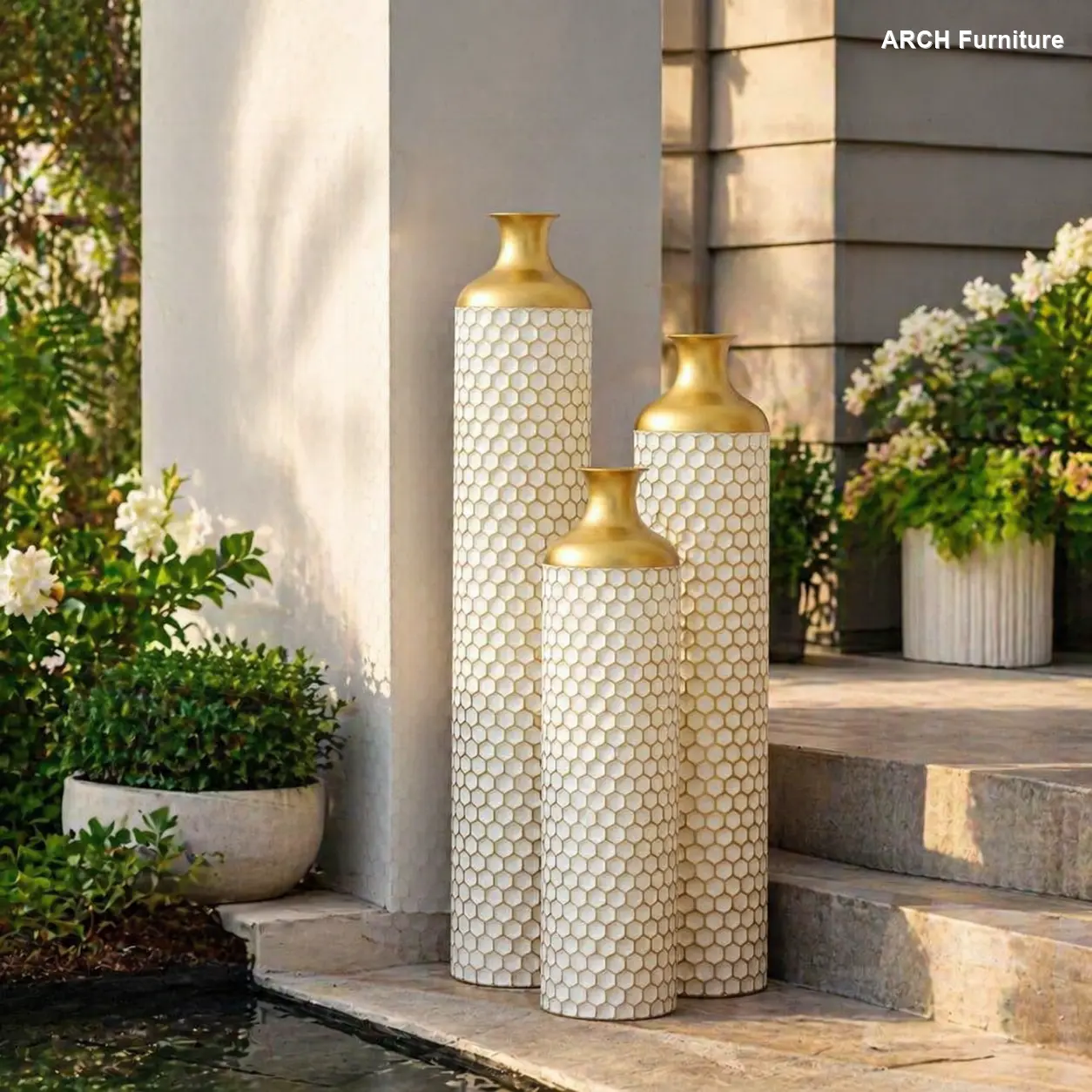 3-Piece Pure Metal Cylinder Vase Set - Droplet-Shape ARCH Floor Vases with White Glazed Textured Finish, Tall Sizes, Decorative Accent for Modern Living Room, House Decor, Three Pieces