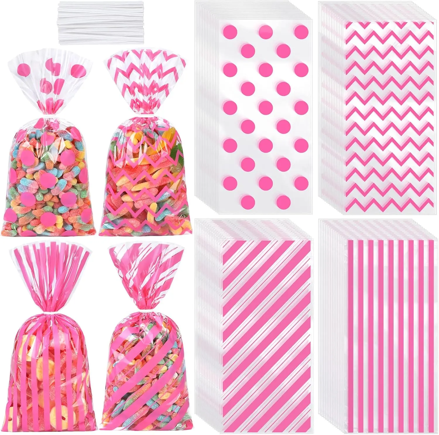 100 count 10.6 x 5.1 In Pink Cellophane Bags Plastic Candy Bags Cellophane  Bag Polka Dot Stripes Printed  Goodie  Bag with Twist Ties for Birthday,  Showers, Weddings Party Supplies