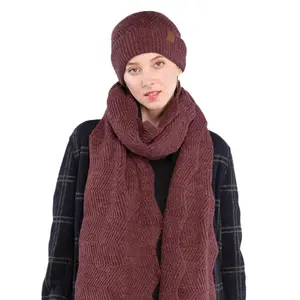 C.C Women's Chevron Pattern Knit Beanie Hat and Scarf Set for Winter Warmth - Black, One Size