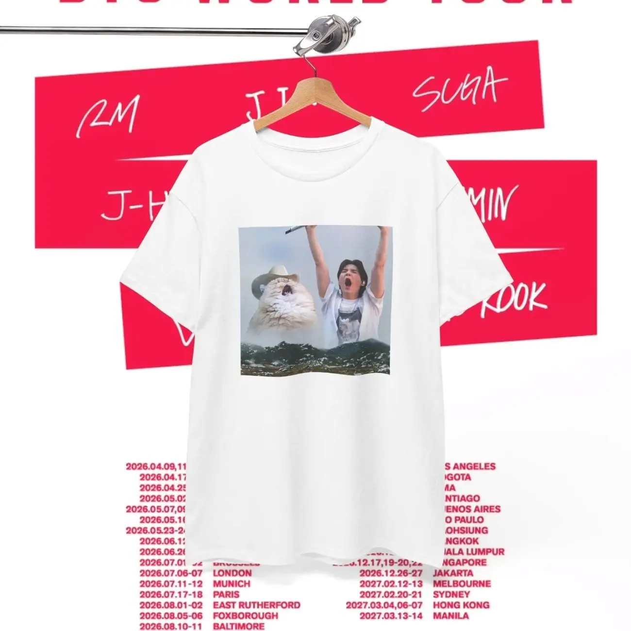 Yoongi Yawn Cat White Unisex Heavy Cotton Tee: Bangtan Kpop Concert World Tour Merch & Gift 2026 8A1