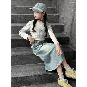 Girls' Denim Midi Skirt with Large Side Pockets & Split Skirt - Durable Straight-Cut Skirt Suitable for 7-8 Years, Teen Girls |   Spring/Fall Casual Wear, Easy-Care Denim Skirt