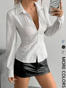 Women's Striped Print Long Sleeve Casual Shirt with Button Front, Daily Wear Top for Women, Stylish and Comfortable