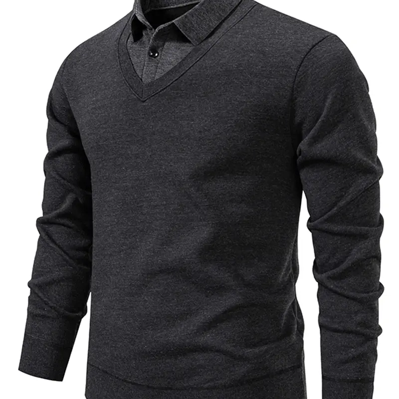 Men's Cozy Faux Two-Piece Knitted Sweater, Elastic Fabric, Long Sleeve, Casual Trendy Pullover, Suitable for Cold Weather & Daily Wear, Fashion Knit Clothing, Knitwear, Knitted Clothes