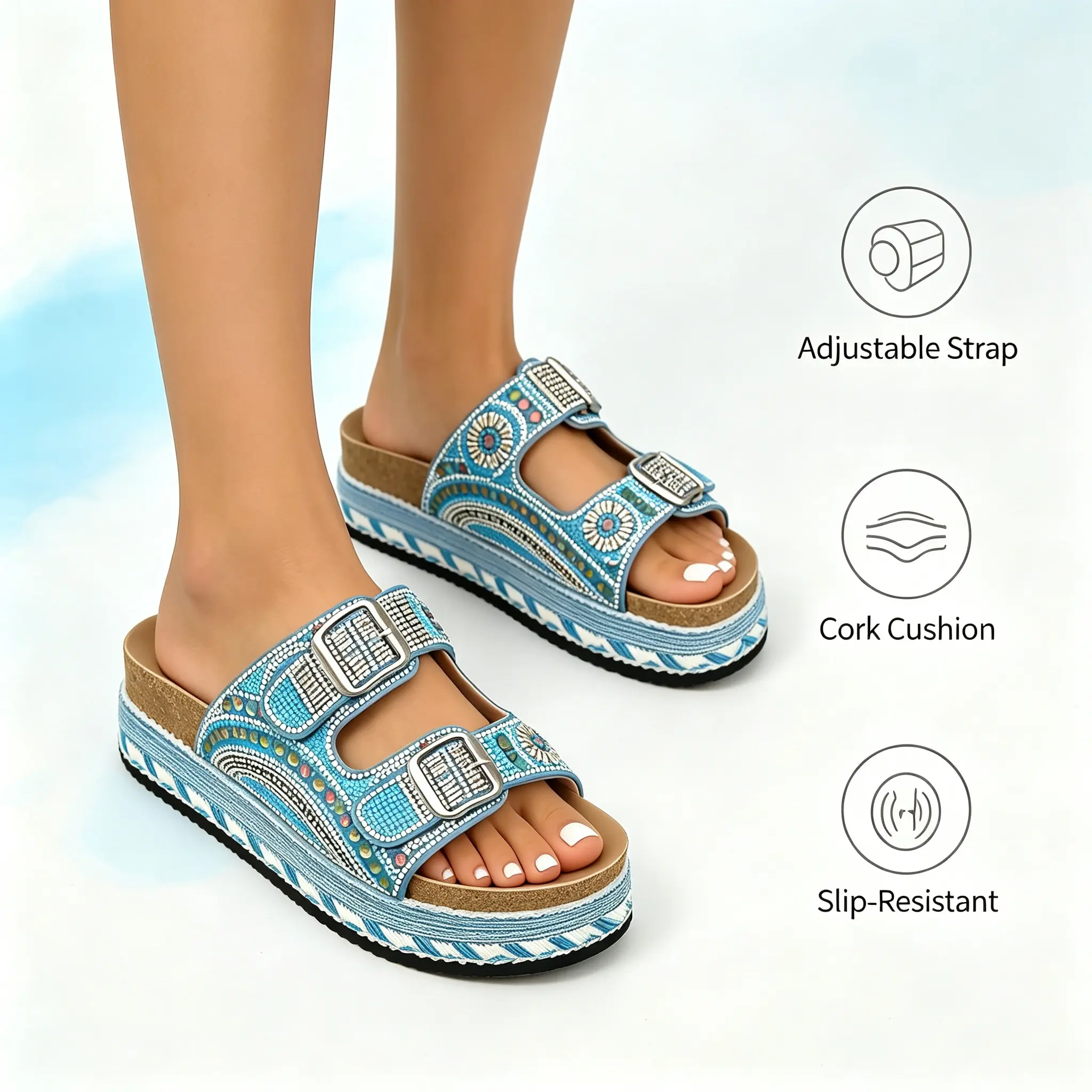 Comfort Cork Sole Summer Slides Women Hand Decorated Bling Beaded Sandals Non Slip Daily Beach Walking Shoes