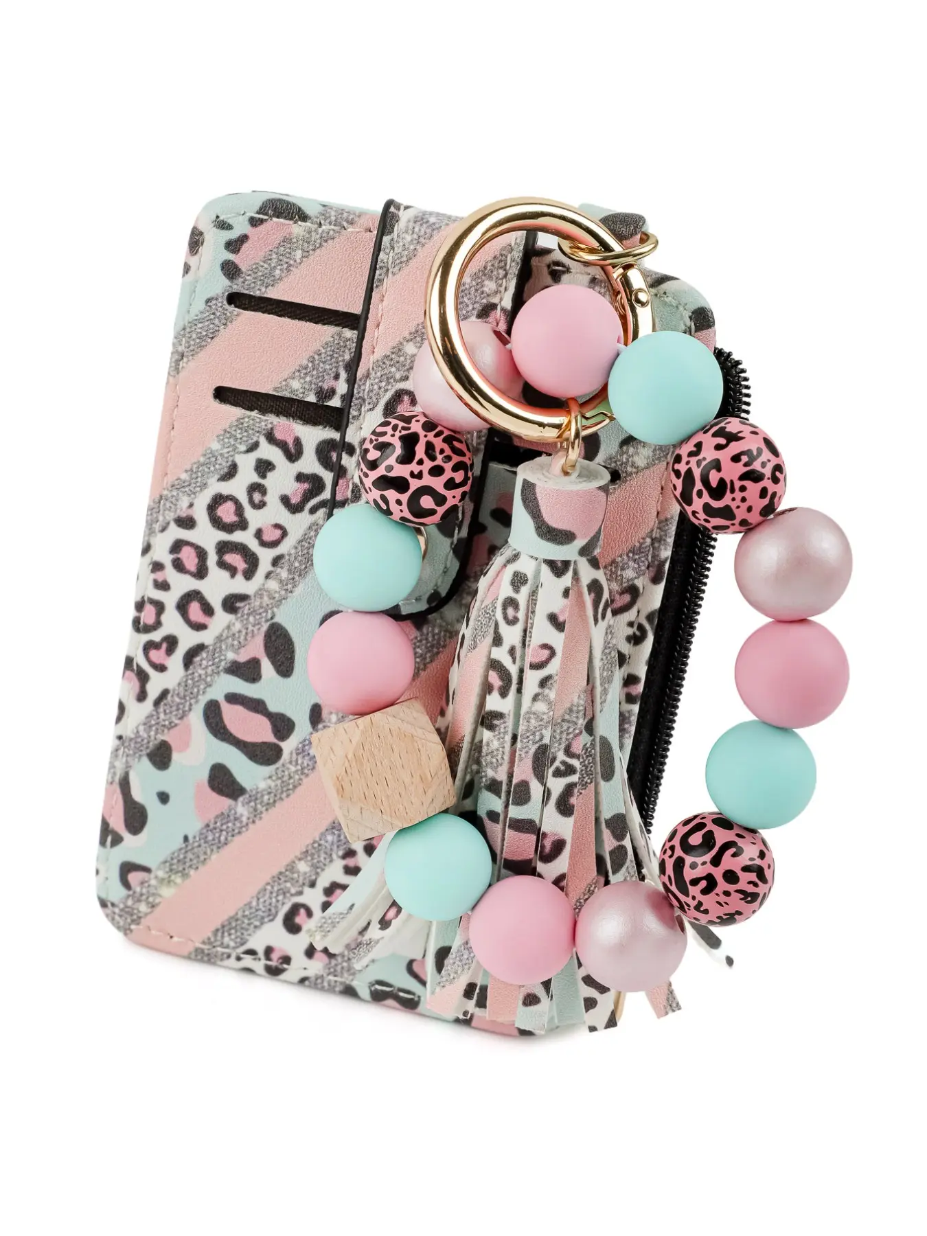 A leopard-print card holder and keychain featuring a cross or coffee cup charm paired with pastel blue and blue contrast beads. The sweet yet edgy leopard-print color scheme complements casual and bohemian outfits. The snap closure design holds credit car