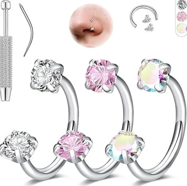 Horseshoe Nose Ring 18g Silver Gold Nose Hoops for Women Half Hoop Earring Hoops Horse Shoe Daith Tragus Earring Hoop Helix Piercing Jewelry Double Gem Horseshoe Septum Ring