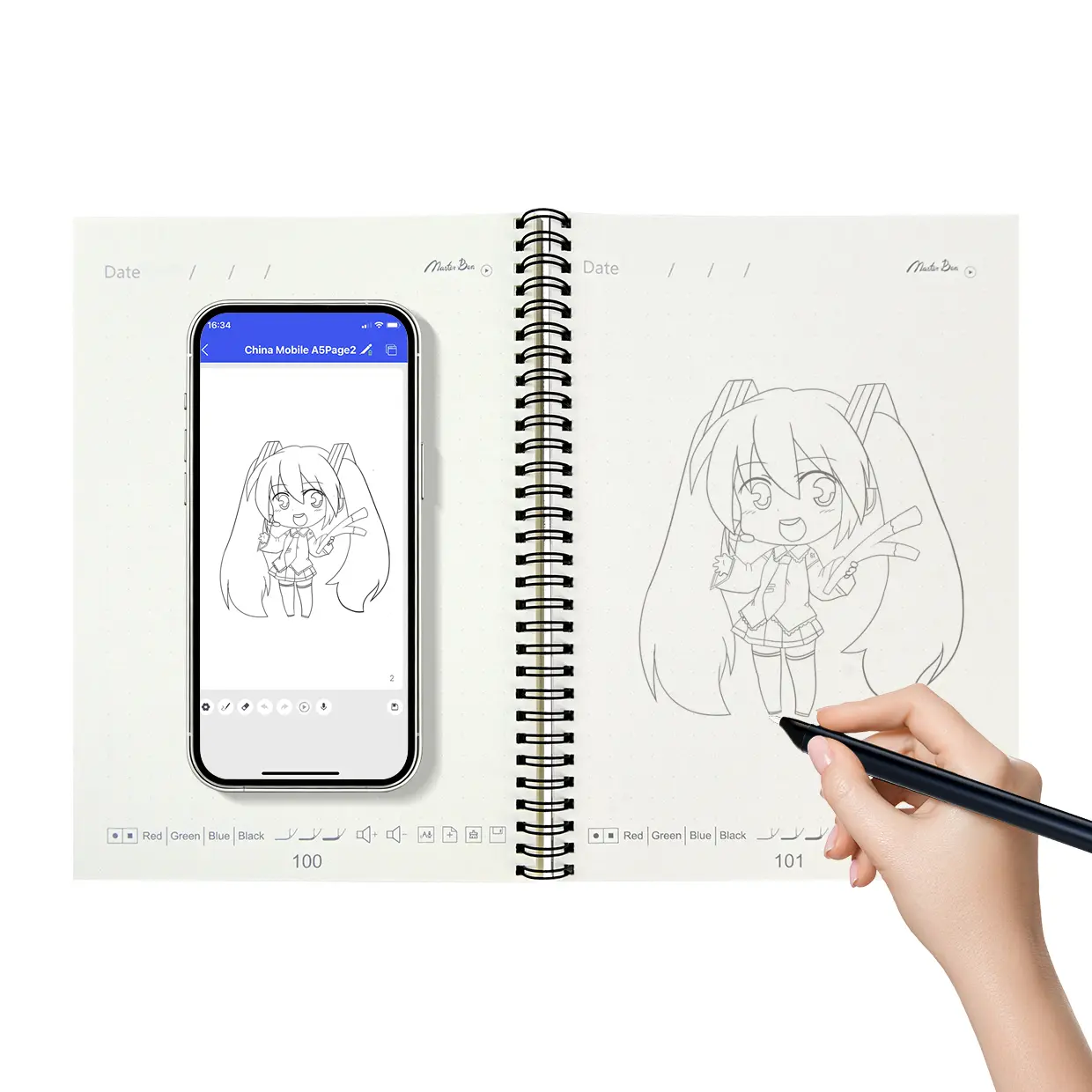 MasterBen B5 Smart Digital Notebook Set (includes Bluetooth smart pen) — durable, reusable, and features replaceable pages; 7x10 inch size — suitable for artistic creation, students, and taking class notes. binder letter