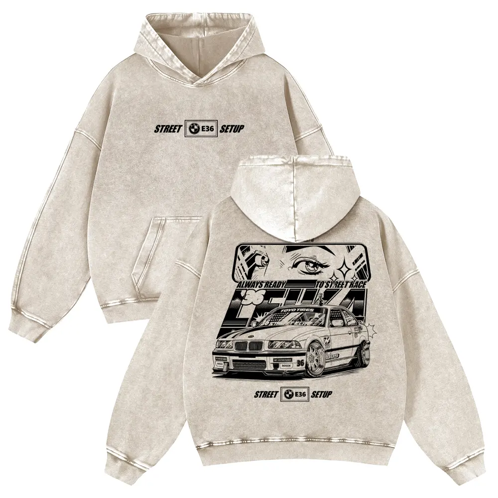 Menswear Japan JDM Style E36 Cotton Long Sleeve Casual Pullover, 380g Autumn Vintage Washed Graphic Hoodie Sweatshirt, Oversize, Pairs With Jeans Or Pants, Multi-Size, Pre-Shrunk