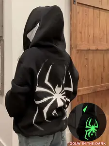 Women's Y2K style hoodie, casual long sleeved knitted pullover, night glowing spider pattern, spring and autumn fashion