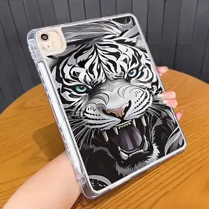 Ferocious White Tiger Pattern Clear Tablet Case with Built-in Pencil Holder. Made of soft TPU material, compatible with iPad Air 4/5/6, iPad Pro 11" 2024, iPad Mini 4/5/6/7, iPad 10th Gen, and iPad 9/8/7. Shockproof and portable, with single-sided protect
