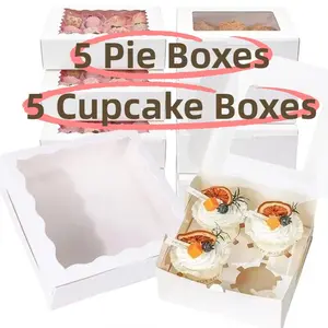 5 Pie Boxes + 5 Cupcake Boxes, 8x8x2.5 Inches Cookie Boxes with Window for Pie, Cookie Cake, Treats, Pastries, Chocolate Strawberries, 6.3x6.3x2.95 Inches Bakery Boxes with Window and Inserts to Fit Muffins, for Birthday Holiday Party Bakery Supplies