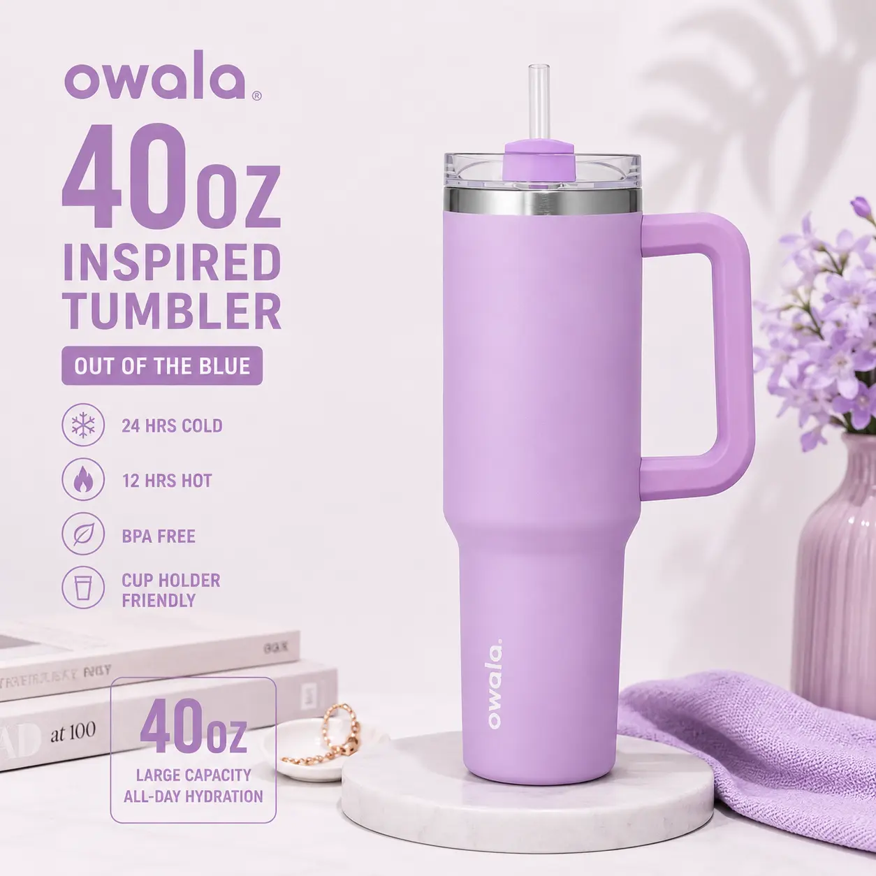 Owala Lilac Dream 40oz Tumbler with Handle & Straw, Insulated Stainless Steel Travel Cup, Large Capacity