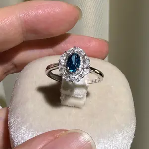 S925 sterling silver ring, Nature Topaz  gemstone, London blue , adjustable size, set size wirh a 4*6mm, Rose Cut high quality setting Engagement Ring, Elegant and Luxurious for Women, as Wedding&Birthday Gift, Perfect for Daily Wear Valentine's Day Gift