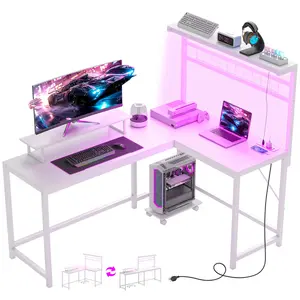 61.6" L-Shaped Gaming Desk – White. RGB LED – 17 Modes. 2 Outlets + 2 USB Ports. Convertible to 85.8" Long Desk. Monitor Stand + CPU Shelf