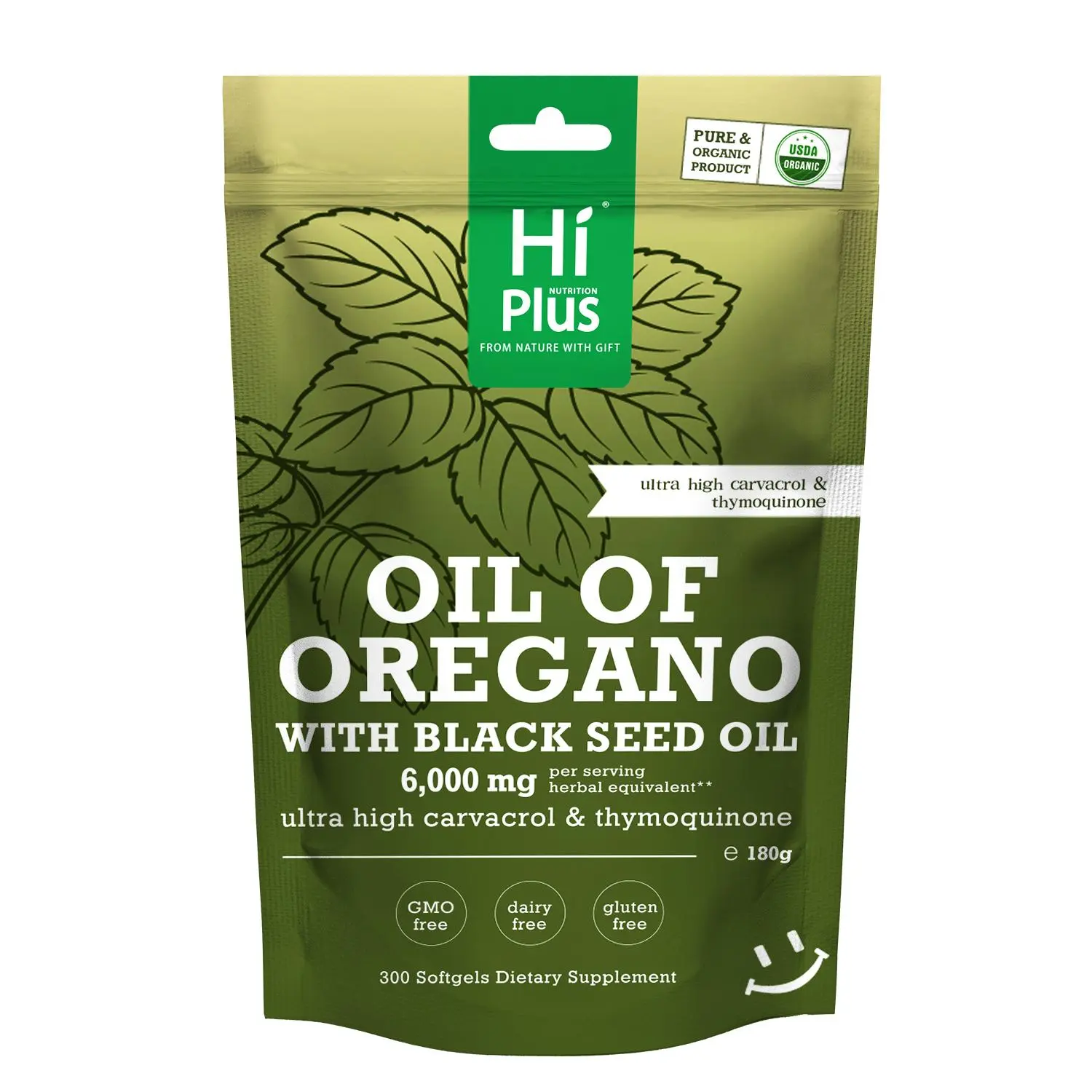 HiPlus 2-in-1 Dietary Softgels - 6,000 mg per Serving Oregano Oil + Black Seed Oil, 4X Strength with Carvacrol & Thymoquinone, Antioxidant Botanical Extracts, Immune System Support, Gluten-Free Non-GMO Plant-Based Vegetarian Supplements, 300 Count