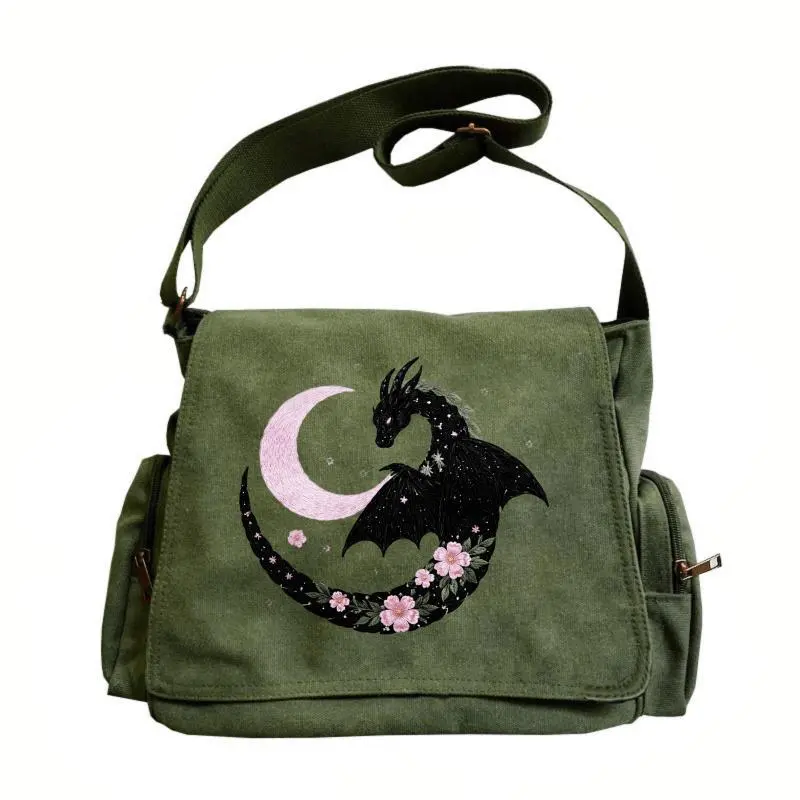 Women's Vintage Shell-Shaped Crossbody Shoulder Bag - Large-Capacity, Adjustable Strap, Foldable Basic Pattern, 2-Color Options (Black with Dragon Motif, Pink Moon Cherry Blossom), Everyday Use
